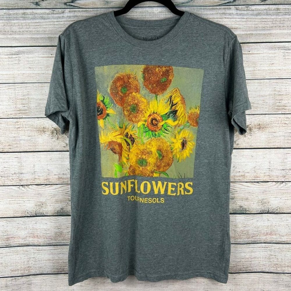 Mighty Fine Women’s Gray Sunflowers Tshirt Boho Artist Claude Monet Size Medium
